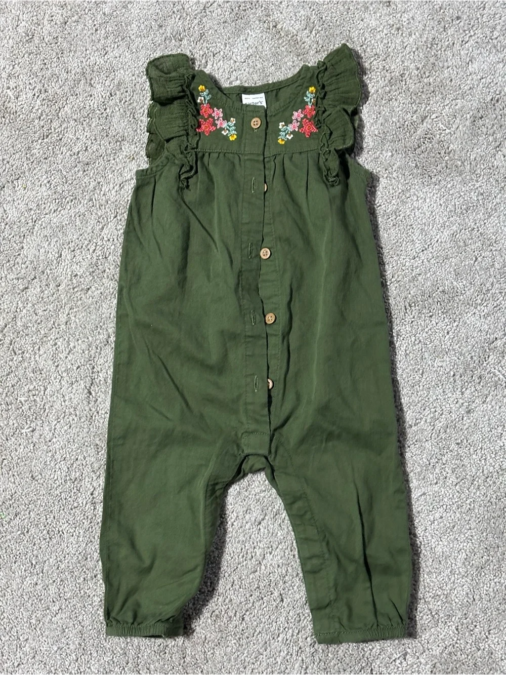 Carters Olive Green Floral-Embroidered Baby Romper 6M